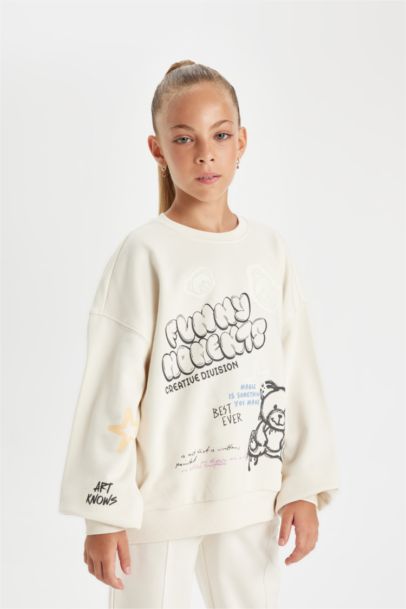 Oversize Geniş Kalıp Bisiklet Yaka Ayıcık Baskılı Sweatshirt Kız Çocuk