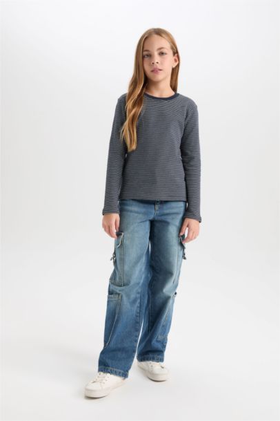 تيشيرت مخطط بناتي كم طويل سليم فيت برقبة مستديرة