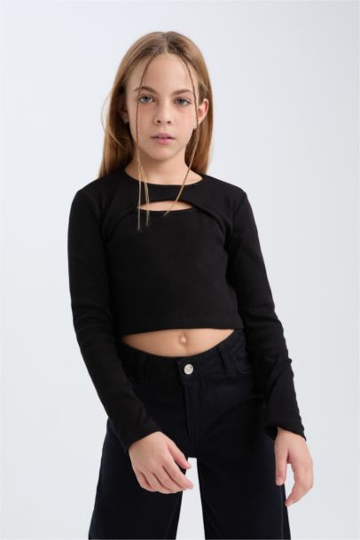 تيشيرت بناتي اسود كم طويل سليم فيت برقبة مستديرة