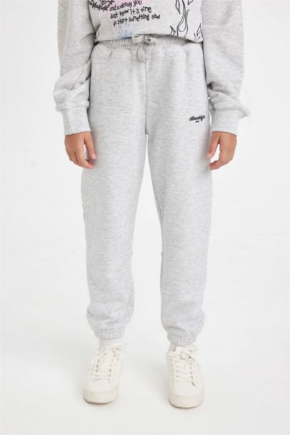 Kız Çocuk Baskılı Beli Paçası Lastikli Gri Jogger Eşofman Altı