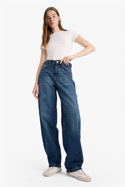 Pantalon Jean baggy taille haute et long