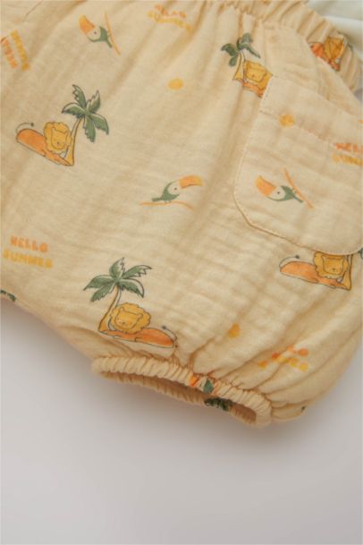 Baby Boy Palm Tree Patterned Jumpsuit T-Shirt Hat Muslin 3 Piece Set