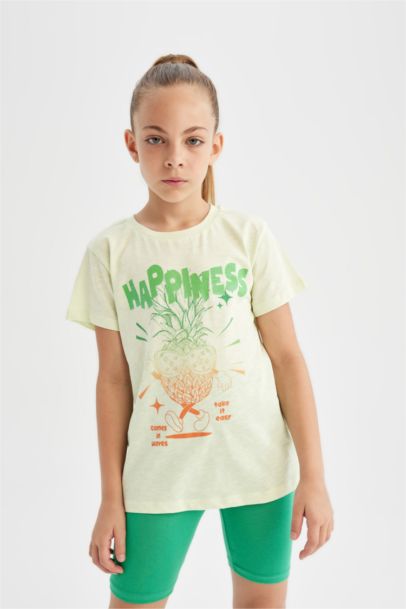 تيشيرت بناتي نص كم بطبعة شعار وياقة مستديرة