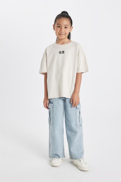 تيشيرت بناتي اوفر سايز نص كم بطبعة