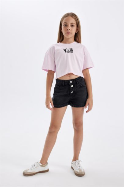 Girl Crew Neck Printed Crop T-Shirt