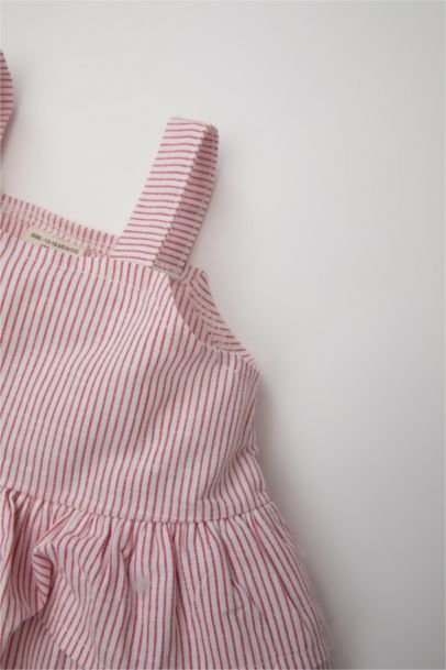 بلوزة بناتي مخطط ذو مظهر كتاني قصة عادية بحمالات