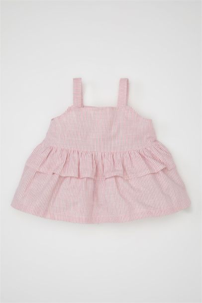 بلوزة بناتي مخطط ذو مظهر كتاني قصة عادية بحمالات