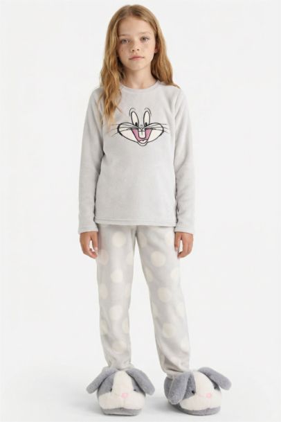 Looney Tunes Pijama Takımı Nakışlı Pelüş Uzun Kollu Üst Uzun Alt Kız Çocuk