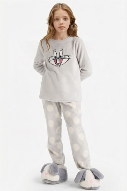 Looney Tunes Pijama Takımı Nakışlı Pelüş Uzun Kollu Üst Uzun Alt Kız Çocuk