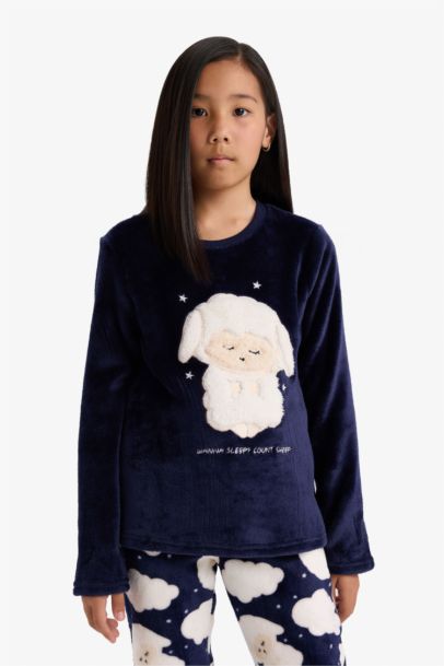 Pijama Takımı Pelüş Baskılı Uzun Kollu Üst Desenli Uzun Alt Kız Çocuk