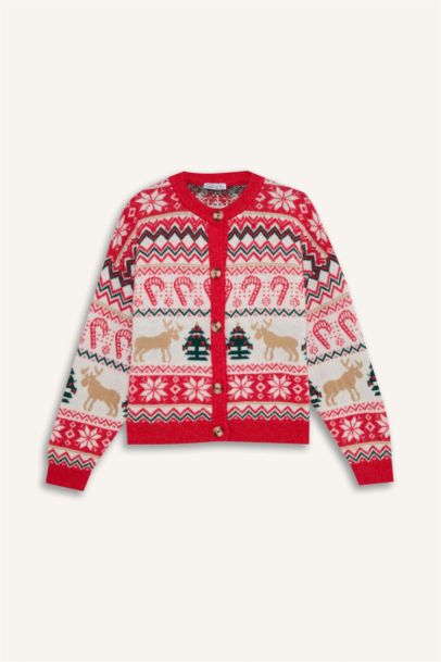 Christmas Themed Crew Neck Buttoned Pullover