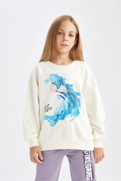 Ekru Frozen Relax Fit Bisiklet Yaka Sweatshirt Kız Çocuk
