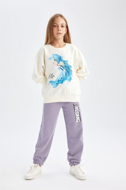 Ekru Frozen Relax Fit Bisiklet Yaka Sweatshirt Kız Çocuk