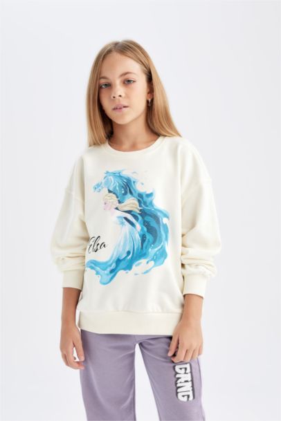 Ekru Frozen Relax Fit Bisiklet Yaka Sweatshirt Kız Çocuk