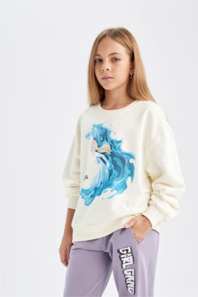Ekru Frozen Relax Fit Bisiklet Yaka Sweatshirt Kız Çocuk
