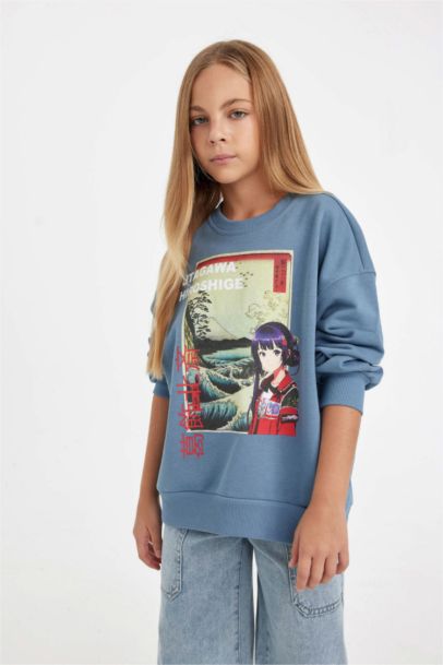 Hatsune Miku Relax Fit Bisiklet Yaka İçi Yumuşak Tüylü Sweatshirt Kız Çocuk