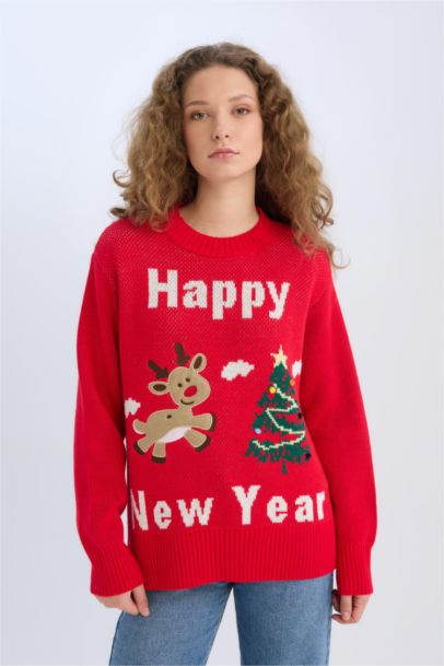 Christmas Themed Oversize Fit Half Turtleneck Pullover