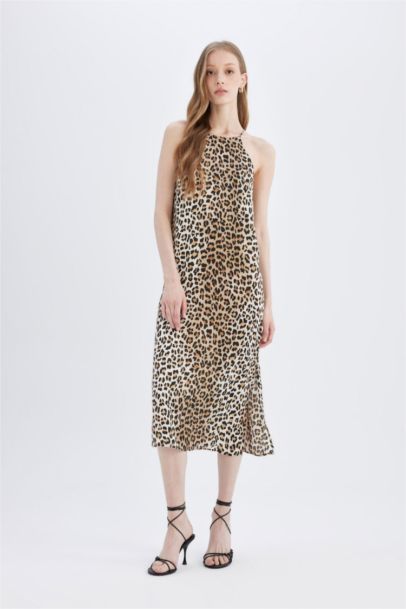 Halter Neck Leopard Patterned Slit Satin Maxi Dress