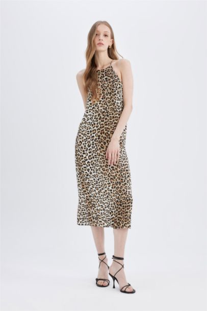 Halter Neck Leopard Patterned Slit Satin Maxi Dress