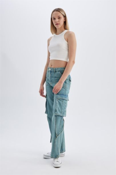 Wide Leg Cargo High Waist Long Washed Jeans