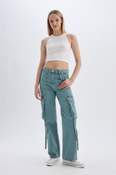 Wide Leg Cargo High Waist Long Washed Jeans