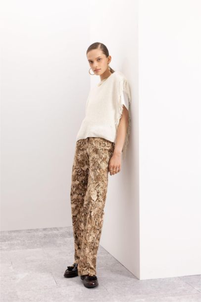 Straight Fit High Waist Long Leopard Trousers