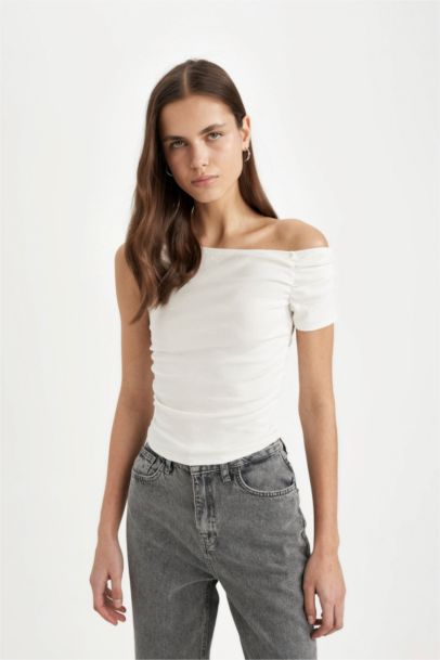 Slim Fit One Shoulder Ribana Short Sleeve T-Shirt