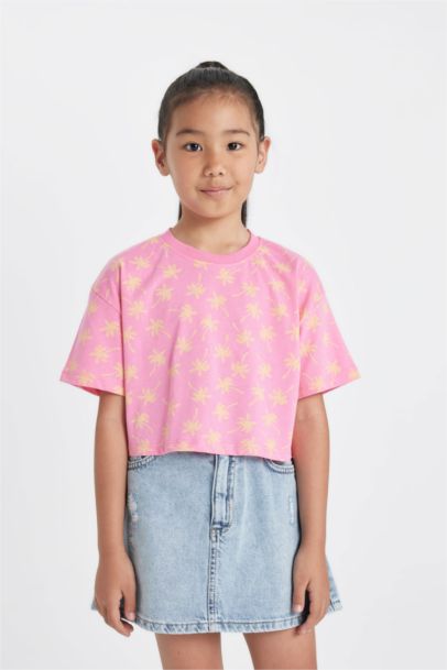 Girl Crew Neck Patterned Crop T-Shirt