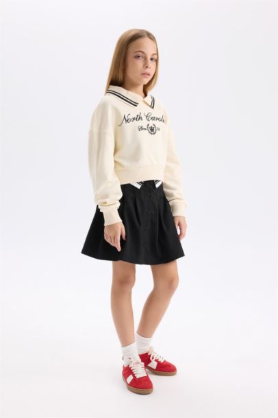 Siyah Basic Düz Düğmeli Pileli Twill Okul Eteği Kız Çocuk