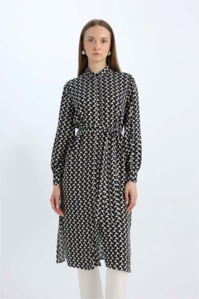 Regular Fit Shirt Collar Printed Long Sleeve Tunic