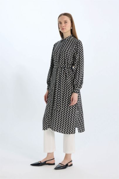 Regular Fit Shirt Collar Printed Long Sleeve Tunic