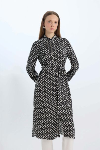 Regular Fit Shirt Collar Printed Long Sleeve Tunic