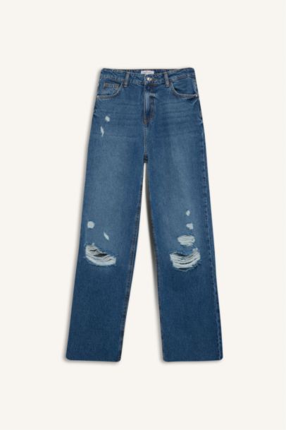 90's Wide Leg Ripped Detailed High Waist Washed Jeans