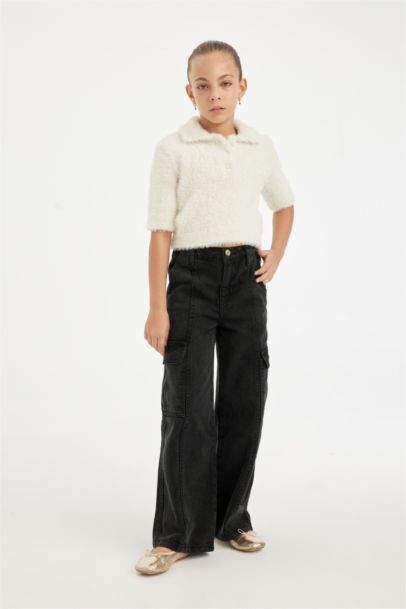 بلوفر تريكو بناتي ناعم قصة عادية بياقة بولو