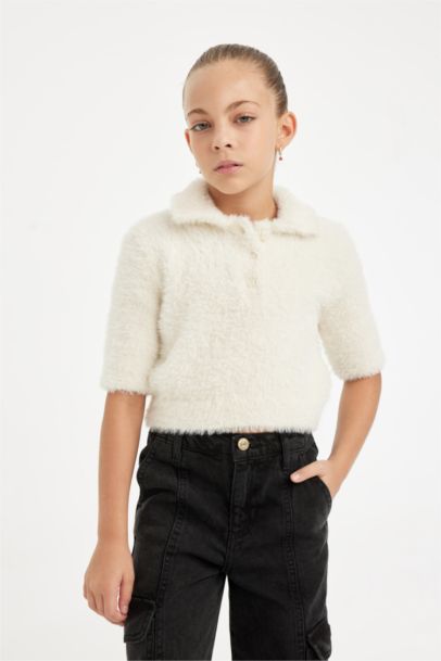 بلوفر تريكو بناتي ناعم قصة عادية بياقة بولو