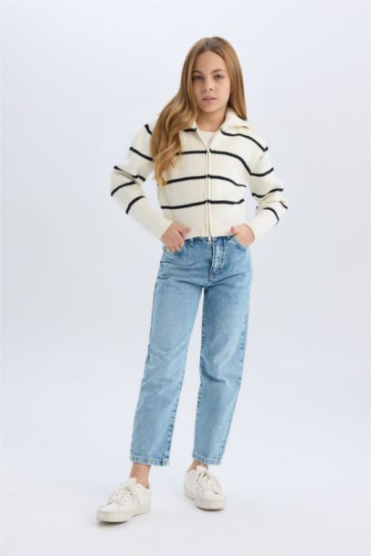 Girl Striped Zippered Knitted Cardigan
