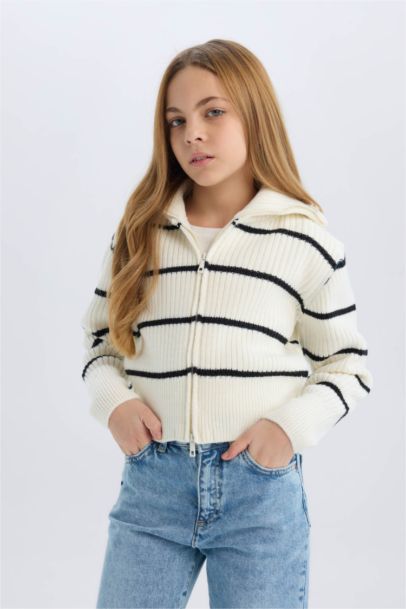 Girl Striped Zippered Knitted Cardigan