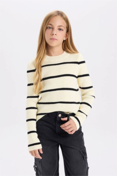 Girl Striped Fitted Crew Neck Knitted Pullover