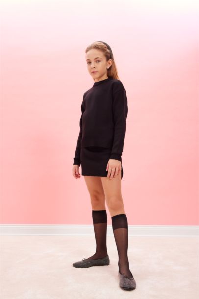 Girl Black Crew Neck Slit Knitted Pullover