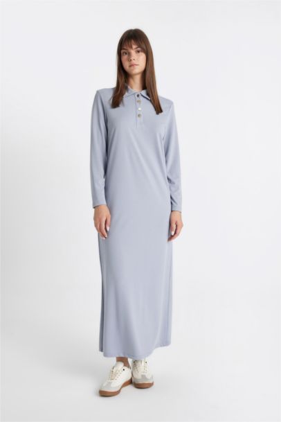 Regular Fit Buttoned Polo Neck Basic Pique Maxi Dress