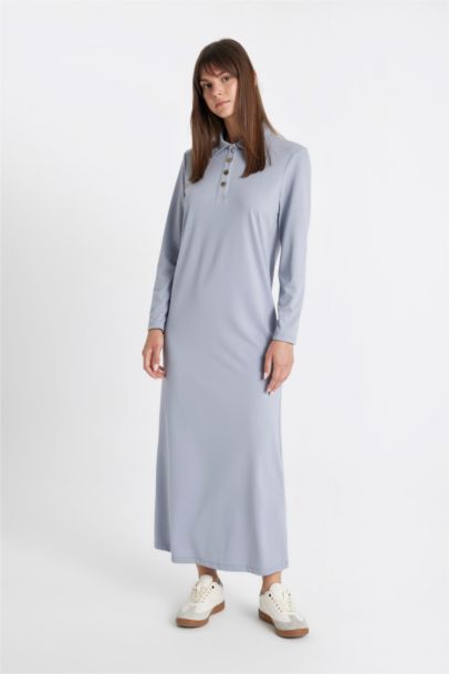 Regular Fit Buttoned Polo Neck Basic Pique Maxi Dress