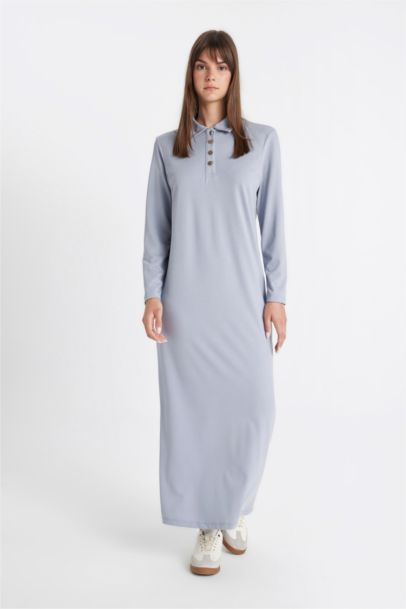 Regular Fit Buttoned Polo Neck Basic Pique Maxi Dress