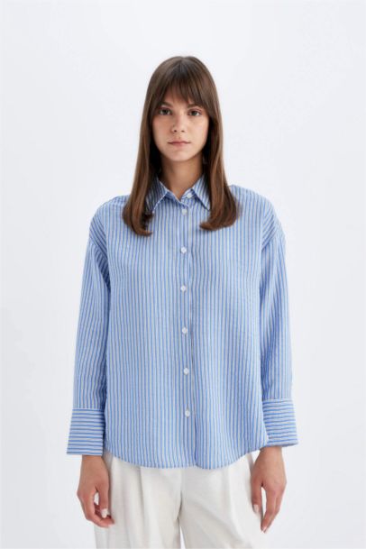 Chemise Tunique Coupe Relax Rayée à Manches Longues