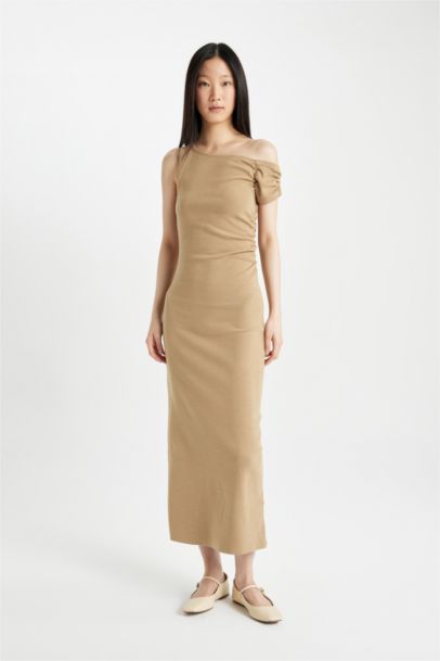 Bodycon One Shoulder Ribbed Midi Dress