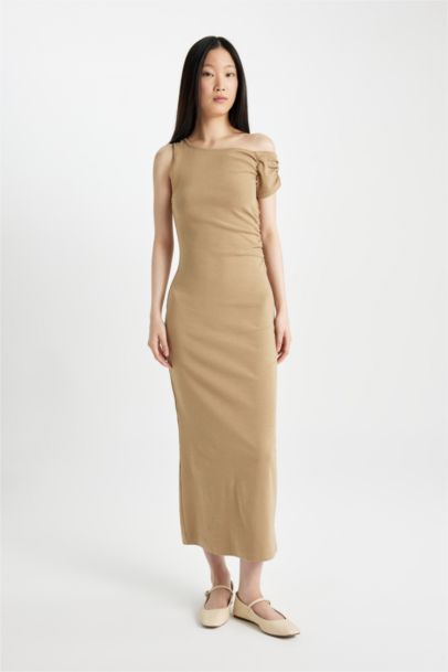 Bodycon One Shoulder Ribbed Midi Dress