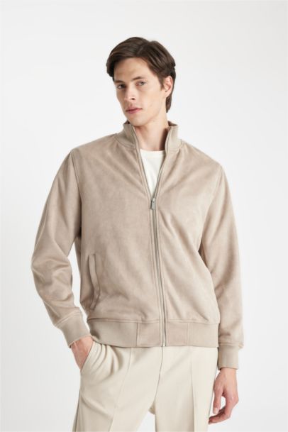 Slim Fit College Collar Double Pocket Thin Velvet Bomber Jacket