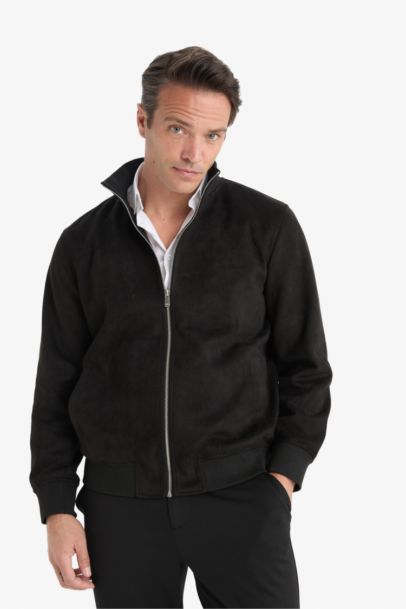 Slim Fit Suede Zippered Puffer Jacket