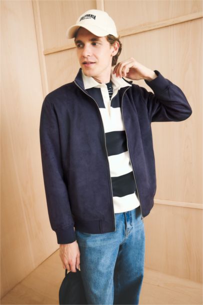 Slim Fit Suede High Neck Zippered Puffer Jacket