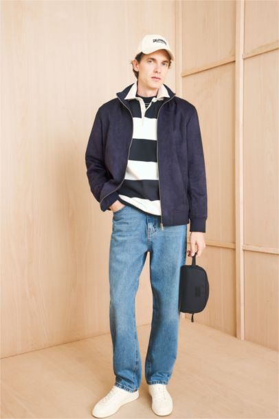 Slim Fit Suede High Neck Zippered Puffer Jacket