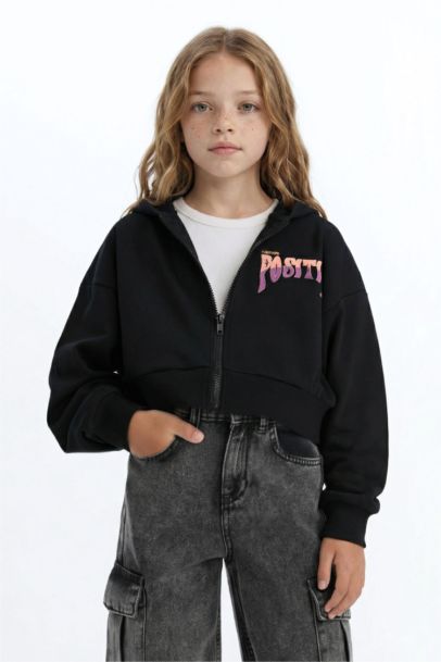 Baskılı Kapüşonlu İçi Yumuşak Tüylü Fermuarlı Sweatshirt Kız Çocuk